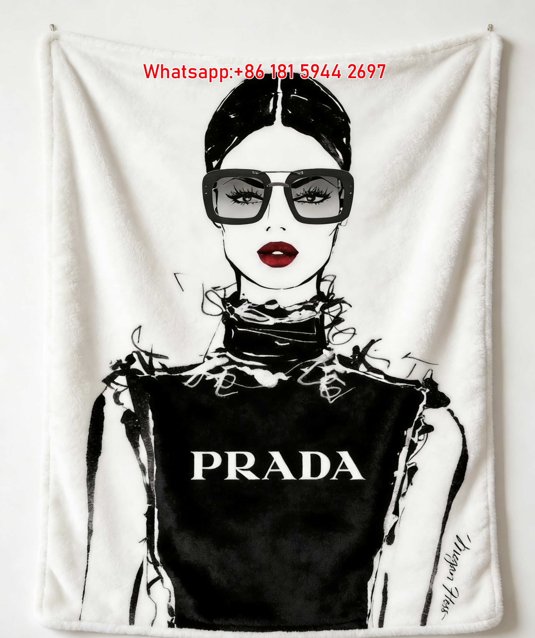 Prada Fashion Illustration Black White Red Lips Print Fleece Sofa Throw Blanket IMG_2712
